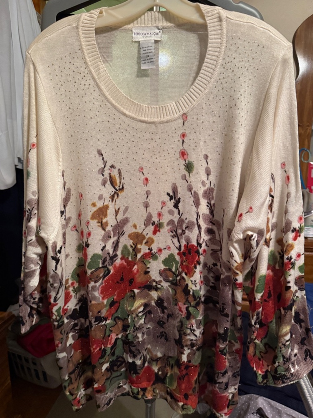 Rebecca Malone Cream Sweater with Burgundy and Green Floral Print. Size 3x.
